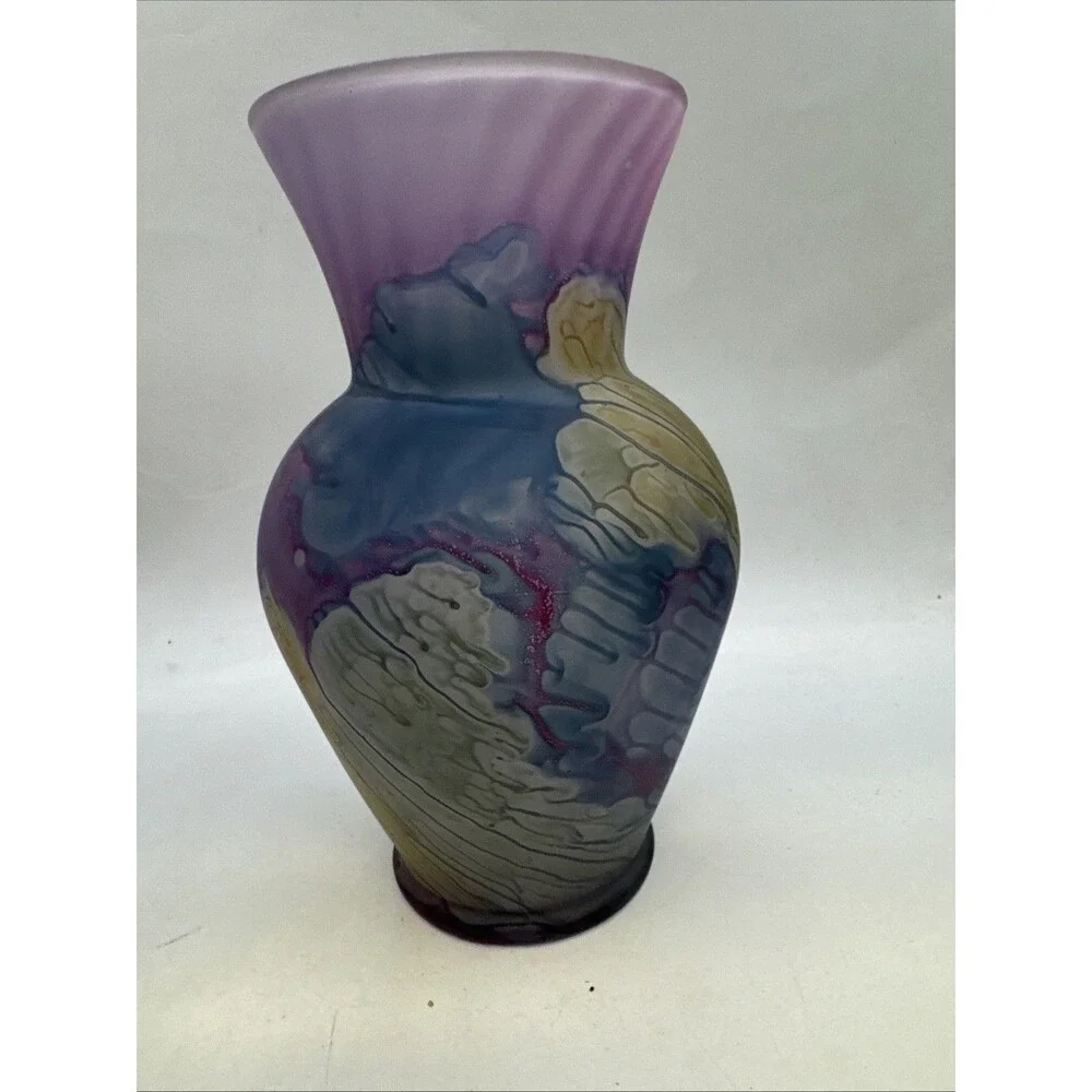 Rueven Nouveau Art Glass Frosted Hand Watercolor Painted Glass Vase Satin Matte